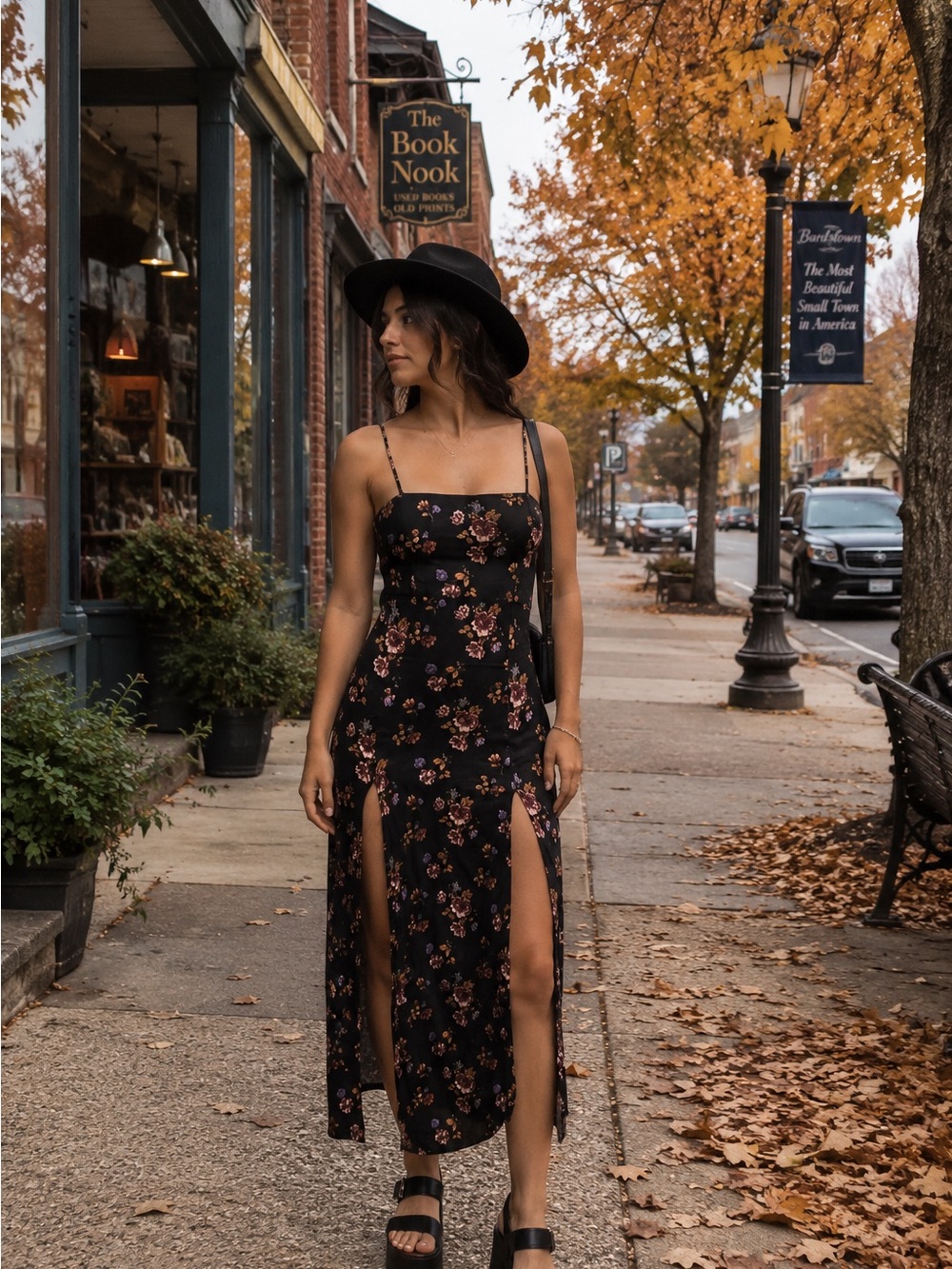 Black Floral Spaghetti-Strap Split Maxi Dress